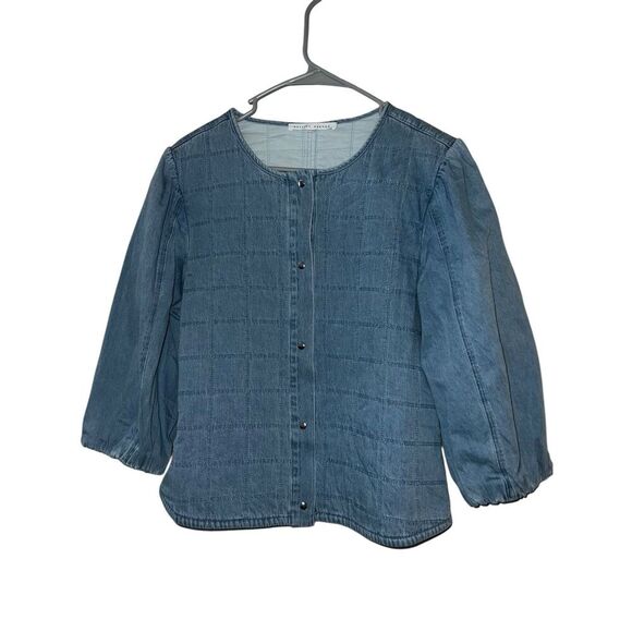 MELISSA NEPTON DENIM SHIRT JACKET  Button Down sz m Normcore Hipster Round Neck - Picture 1 of 5